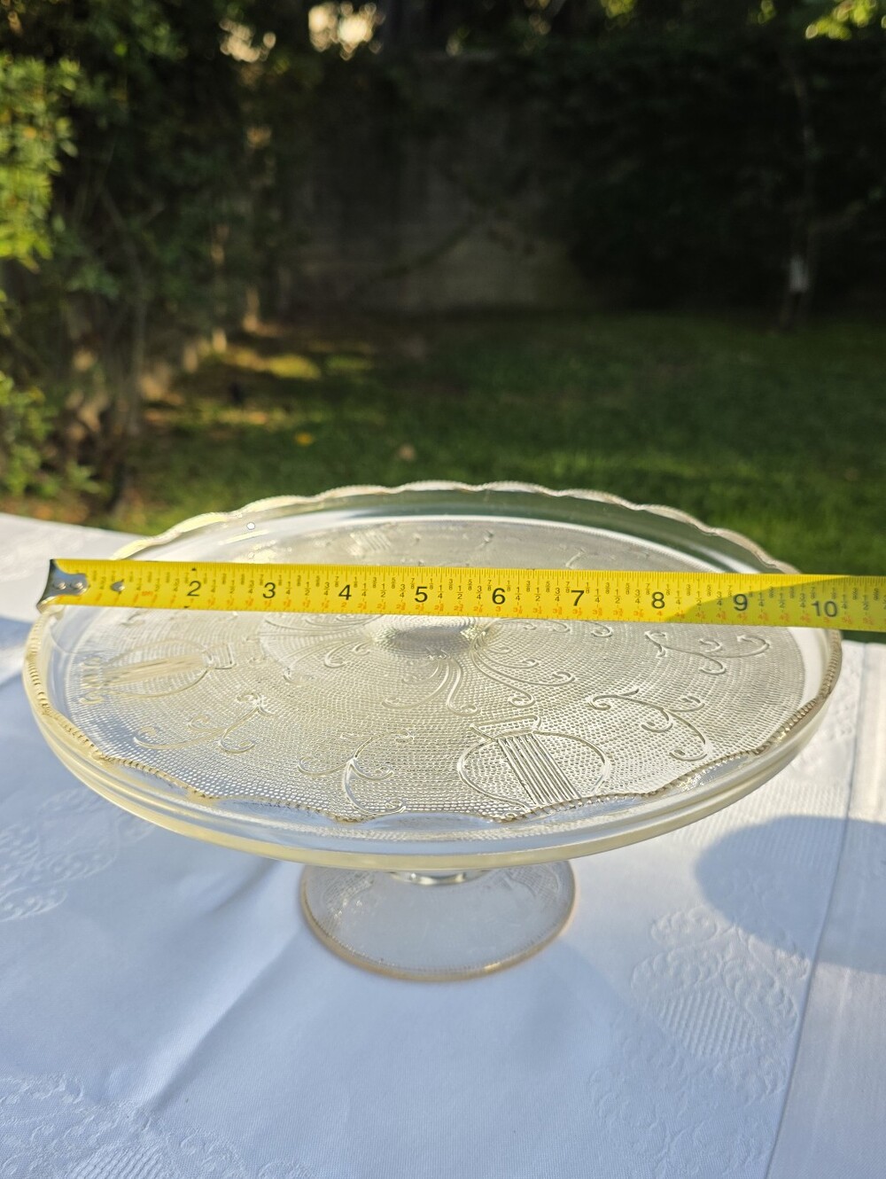Vintage Jeannette Glass Harp Lyre 10” Pedestal Cake Stand Gold Trim